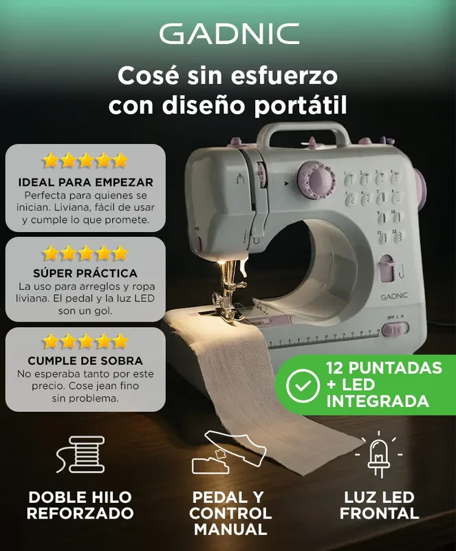 Máquina De Coser Portatíl Gadnic Sw3000 12 Puntos Pedal Luz Falso Overlock Tijera - Stock disponible - Electrónica