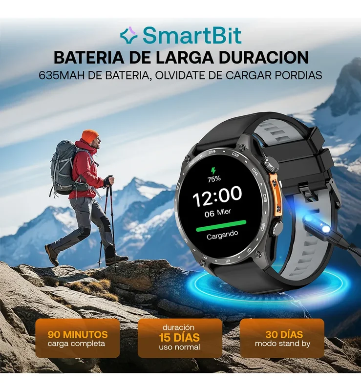 Reloj Inteligente Hombre Gps Integrado Smartbit Navigator Negro Musica Mp3 +300 Canciones Conexion A Auriculares Bluetooth Descarga de Mapa Sumergible 5 ATM Deportivo Presion Arterial Malla Extra - Stock disponible - Electrónica